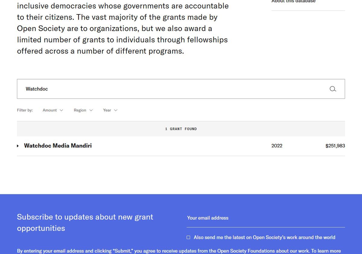 Screenshot of the OSF grants database showing a 251,983-dollar grant to Watchdoc Media Mandiri in 2022