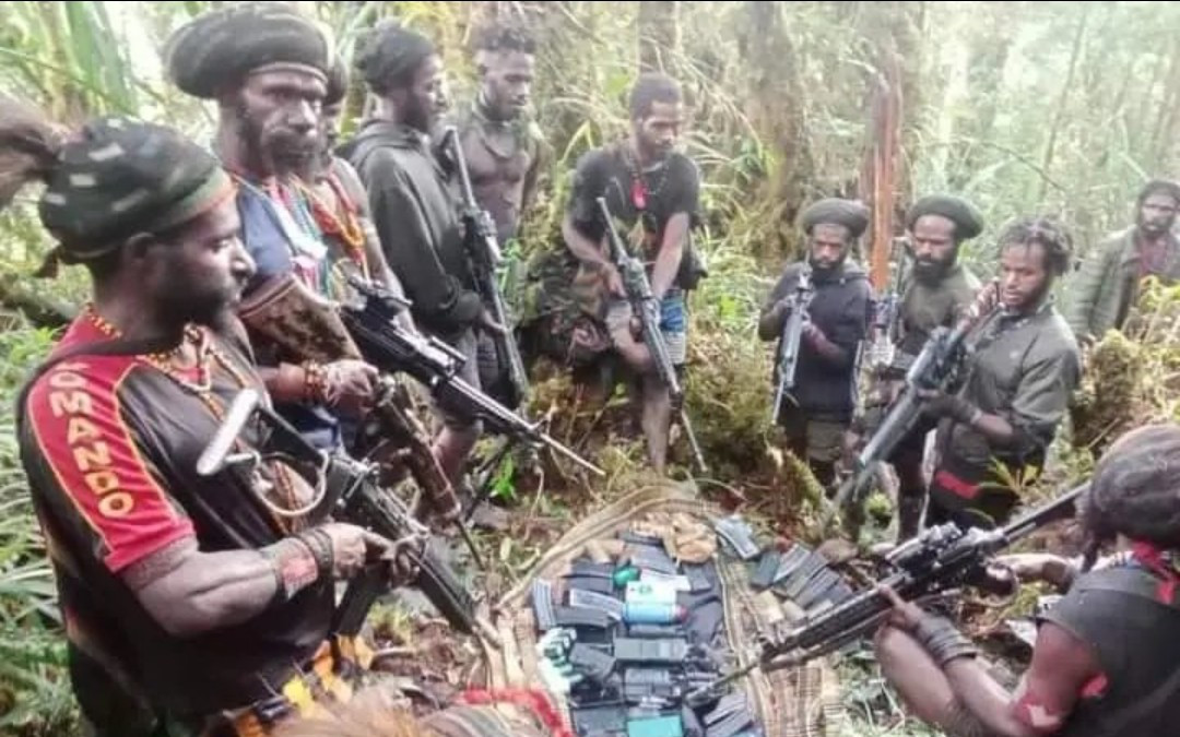 Sejumlah pria bersenjata senapan laras panjang dan amunisi di hutan Papua