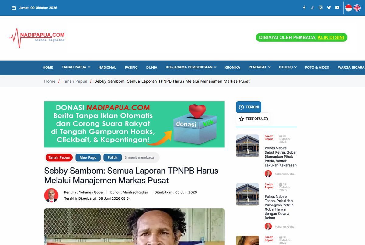 Tangkapan layar berita Nadi Papua soal pernyataan Sebby Sambom bahwa semua laporan TPNPB harus melalui manajemen markas pusat