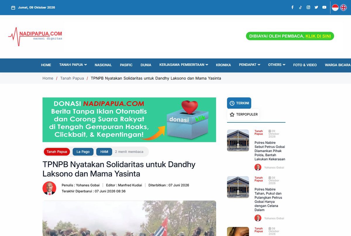 Tangkapan layar berita Nadi Papua berjudul TPNPB Nyatakan Solidaritas untuk Dandhy Laksono dan Mama Yasinta